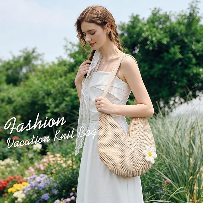 Premillow Crochet Beach Bags for Women, Summer Beach Tote Bag, Mesh Cute Beach Purse, Aesthetic Knit Bag Handbag Shoulder Bag