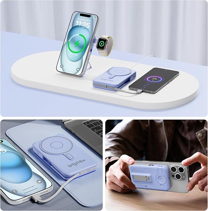 Magnetic Portable Charger Built-in Cables,10000mAh Fast Charging Wireless Charger Station External Battery Pack Slim Pocket Size Power Bank with Stand Compatible with iWatch, iPhone