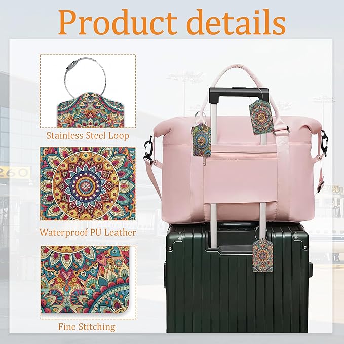 Abstract Mandala Flower Luggage Tags for Suitcase 3 Pack, Leather Bag Tags Identifiers with Privacy Name Address Labels and Durable Steel Loop for Men Women Backpack