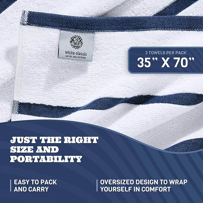 White Classic Cotton Pool Towels Oversized 35 x 70 Inches, Ultra Absorbent and Low Lint Striped Beach Towels for Adults, Stripes Design Luxury Extra Large Bath Towels, Navy Blue, 3 Pack