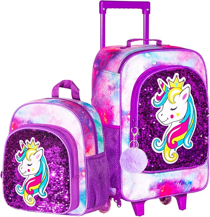 2Pcs Kids Suitcase, 18" Girls Carry on Luggage With Wheels, Unicorn Suitcases with toddler Backpack(Purple)