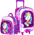 2Pcs Kids Suitcase, 18" Girls Carry on Luggage With Wheels, Unicorn Suitcases with toddler Backpack(Purple)