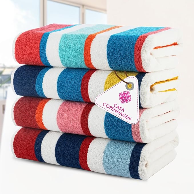 Casa Copenhagen Bora Bora Towels 4Pcs Teal, Pink, Red, Yellow Designer Stripe Beach Towels Gift Set, 30"x 60" Oversized 100% Cotton Pool Towels, Bath Towels for Beach (Summer Gift Set For Women & Men)