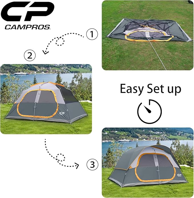 CAMPROS CP Upgraded 6/8 Person Camping Tents, Waterproof Windproof Family Tent with Larger Mesh Windows & Door, Double Layer, Easy Set Up, All-Season Dome Tent with Top Rainfly & Carry Bag