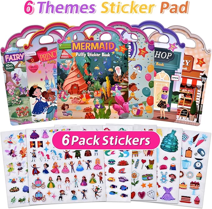 6 Set (260pcs) Puffy Sticker Books Activity for Girls, Reusable Stickers Book, Fairytale+Garden+Princess Party+Mermaid+Kids Zone+Girls' Shop, Travel Book for Kids Ages 3+