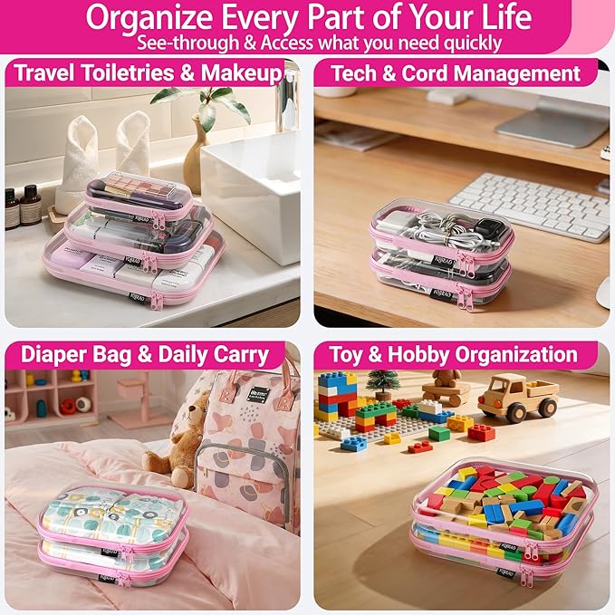 YQBRAO 3-Pack Clear Hard Shell Zipper Case Pink, 1.2mm Heavy-Duty Crush-Proof Travel Makeup Bag, TSA Approved Clear Zipper Pouches, Rigid Toiletry & Diaper Bag Organizer for Tech, Toys & Art Supplies