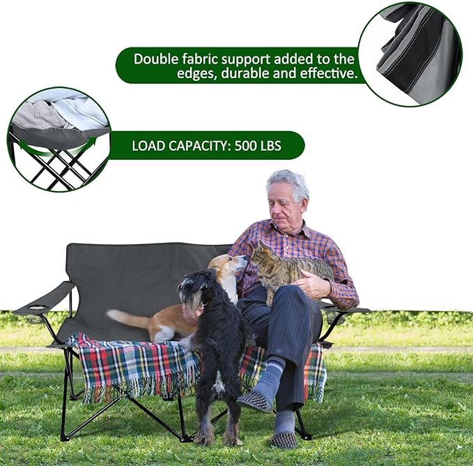 Leonyo Oversized 2 Person Camping Chair, Double Camping Loveseat Chair for Adults, Foldable & Comfortable Double Seat for Lawn, Backyard, Beach, Sports, Movie, Grey