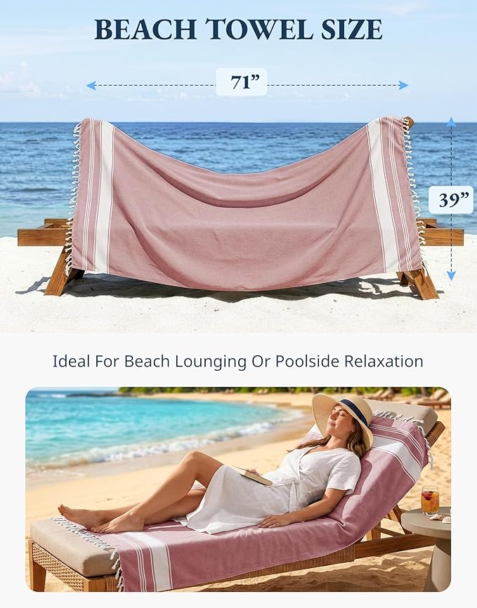 LANE LINEN Beach Towel Set of 4, Turkish Beach Towel Set, Pre-Washed Pool Towels, Quick Dry Travel Beach Towel, Extra Large Beach Towels Oversized, 39"x71" - Cashmere Rose