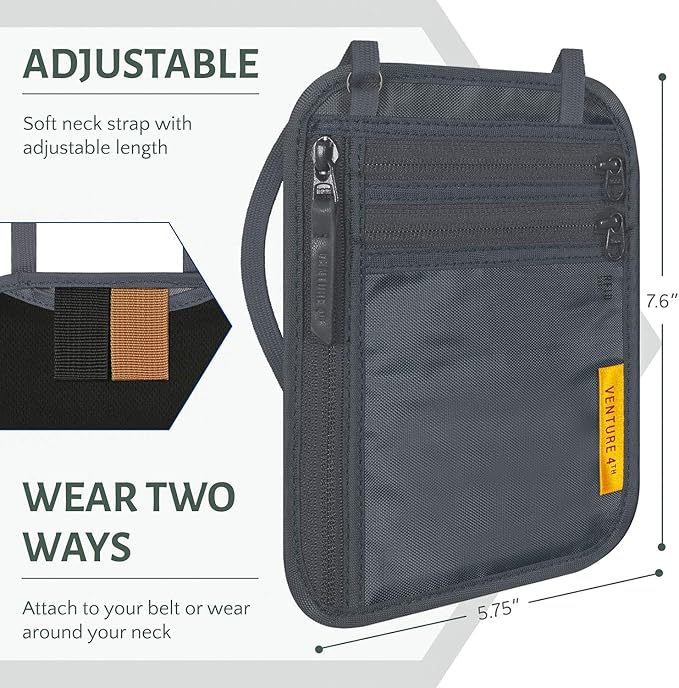 VENTURE 4TH Slim Passport Holder Neck Pouch with RFID Blocking Travel Neck Wallet and a Nylon Lining (Gray)