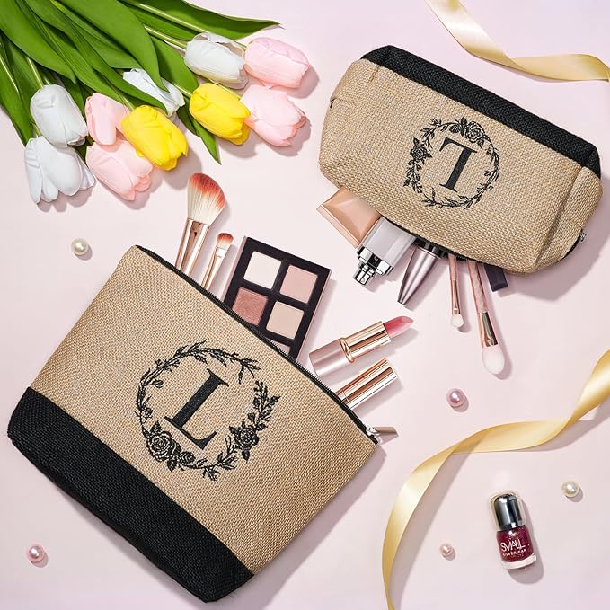 Personalized Gifts for Women Tote Bag, Initial Jute Tote Bag & Makeup Bags Monogrammed Beach Bag w/ Zipper, Mothers Day Birthday Gifts for Women Her Friends Mom Daughter Sister Grandma Teacher Nurse