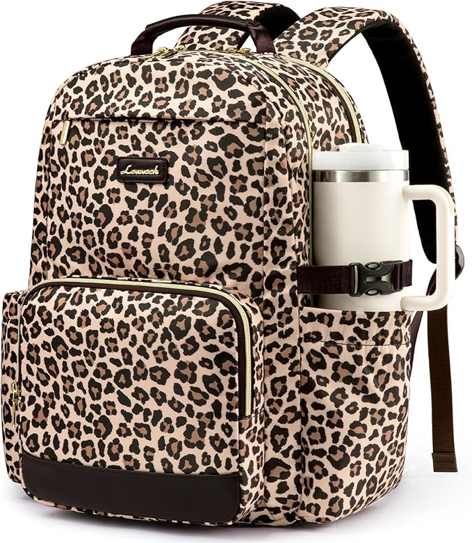 LOVEVOOK Laptop Backpack for Women with Pouch Pocket for Large Capacity Cup,15.6 Inch Laptop Computer Bag Travel Backpack Purse,Waterproof Work Business Backpack College Teacher Bags,Leopard print