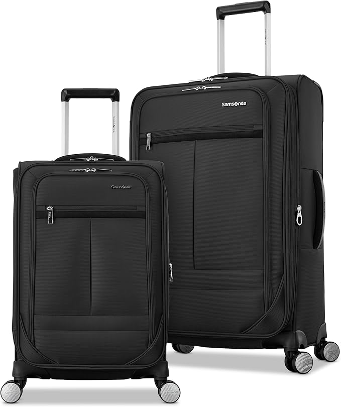 Samsonite 2-PC Soft-Sided 21/25” (Carry-On & Medium Checked), Lightweight Expandable Element Luggage Set: 2 Front Pockets & Side Pocket, Four Spinner Wheels, Adjustable Handle, Durable- Black