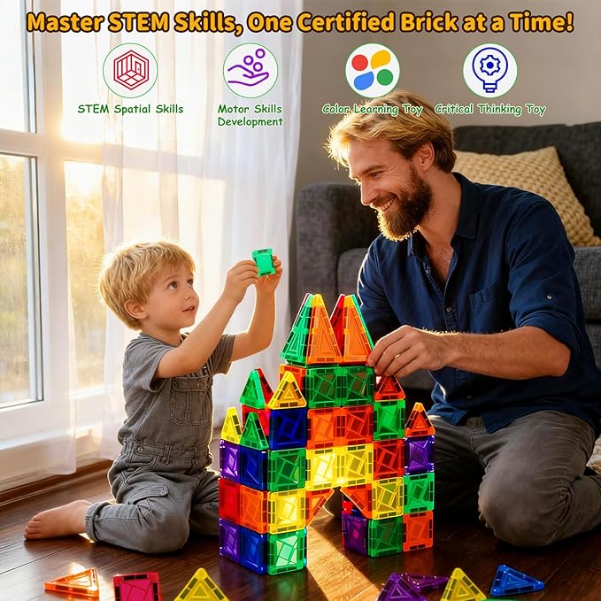 Magnetic Tiles 42PCS 0.8in Portable Magnet Toys for Kids，Travel Magnetic Blocks with Metal Storage Box，Stacking Magnets Sensory Tiles for Toddlers Ages 3+