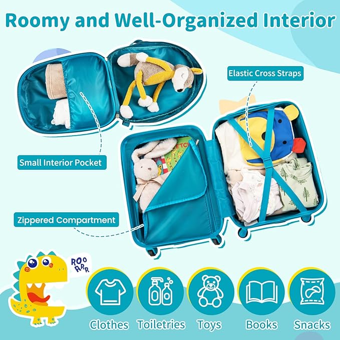 Goplus 2 PCS Kids Luggage, 13" & 16" Carry-on Suitcase w/Spinner Wheels, Telescopic Handle, Hard Shell Rolling Trolley Luggage for Toddler Boys Girls Travel, Airline Approved (Blue, Dinosaur)