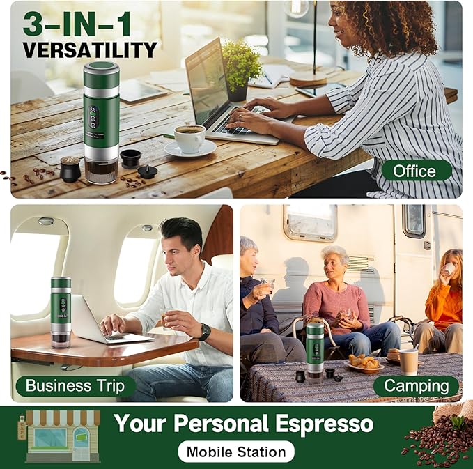 Portable Espresso Machine with Removeable Battery, 20 bar Mini Travel Coffee maker, Expresso Maker with USB-C,3-in-1 Car Coffee Maker Self-Heating, Ground Coffee & Capsule(Ns&DG)