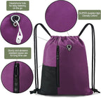 BeeGreen Purple Drawstring Backpack Gym Bag For Men & Women – Sports Sackpack with Mesh Water Bottle Holder & 2 Zippered Pockets – Large 16x20 Inch Cinch String Backpack