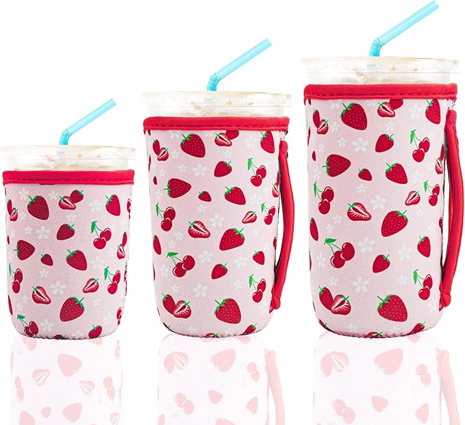 KJQJLY 3 Pack Reusable Iced Coffee Sleeves for Iced Coffee Cups or Drinks Reusable Neoprene Insulated Sleeves for Hot and Cold Drinks from Starbucks, Dunkin, And More (Strawberry)