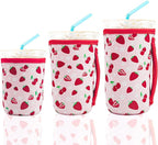 KJQJLY 3 Pack Reusable Iced Coffee Sleeves for Iced Coffee Cups or Drinks Reusable Neoprene Insulated Sleeves for Hot and Cold Drinks from Starbucks, Dunkin, And More (Strawberry)