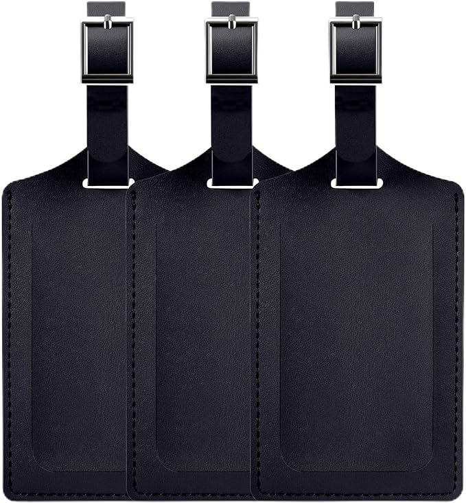 Travelambo Luggage Tags for Suitcases Faux Leather Privacy Protection 3 Pack Bag Tags Travel Accessories Essential, Black