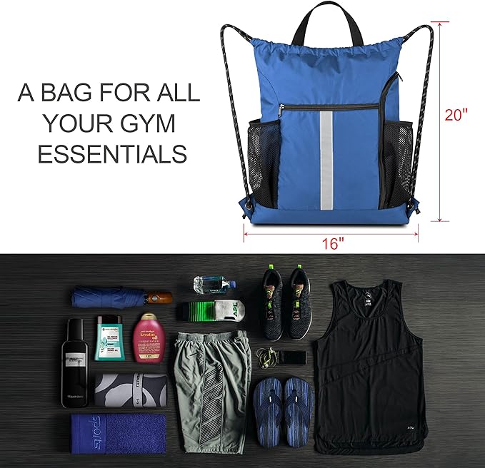 BeeGreen Royal Blue String Backpack Bag Cinch Sack with Shoe Compartment and Two Side Mesh Pockets Lightweight Sturdy Drawstring Gym Sackpack 1 Pack for Unisex