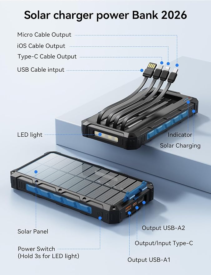 Solar-Charger-Power-Bank - 20000mah Solar Powered Battery Charger Cell Phone,20W Fast Charging Built in Cables,Camping Essentials Portable External Battery Pack Compatible with Multiple Devices