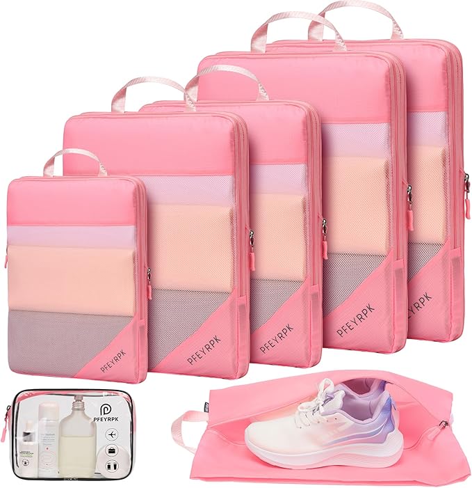 PFEYRPK Lightweight Compression Packing Cubes for Suitcases, Compressible Expandable Travel Packing Organizer with Clear Toiletries and Backpack Bag, Travel Essentials for Carry on Luggage 7 Set