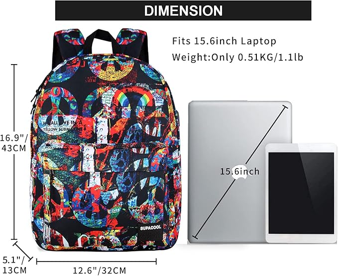 SUPACOOL Casual Laptop Backpack for Men and Women, School Backpack for Boys and Girls, College Bookbag, USB Charging Port, Lightweight Back Pack(Peace)