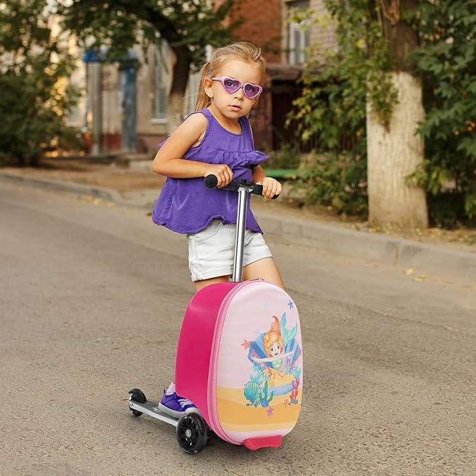 VLIVE Kids 2-in-1 Ride-On Suitcase & Backpack Set, 30L Suitcase + 10L Backpack, Durable EVA, Lightweight Foldable Wheels, Mermaid Design for Girls Ages 4-8