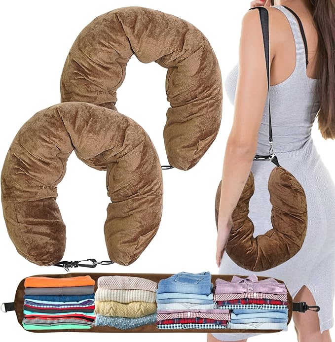 1/2PCS Travel Pillow Stuffable with Clothes As Carry-On Luggage Fits Up to 3 Days of Travel Essentials, Multifunctional U-Shaped Pillowcase for Business, Trip, Outdoor (2PCS-Brown)