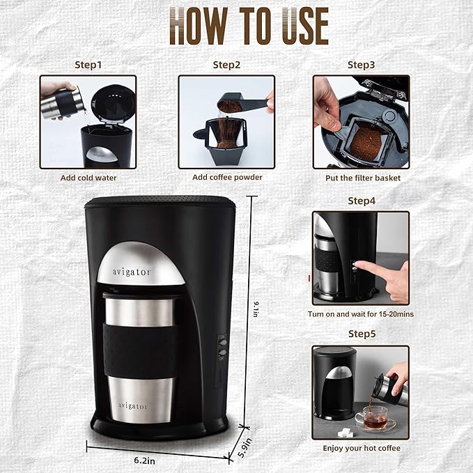 Portable Coffee Maker for Travel Camping Car, Compact Drip Coffee Machine Single Serve with 10oz Travel Mug for Traveling, RV, Office, Camping, 12V Socket, Black