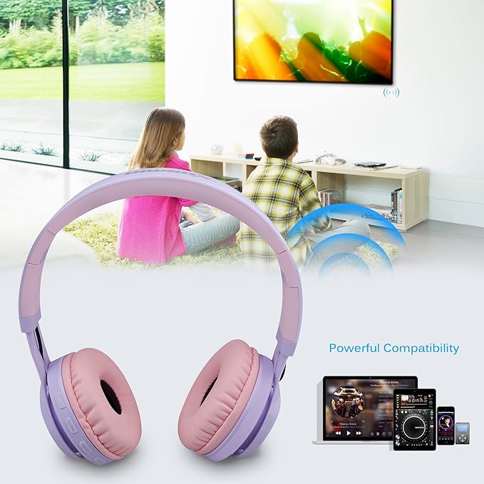 Riwbox WT-7S Kids Bluetooth Headphones Light Up, Foldable Stero Wireless Headset,with Microphone and Volume Control,Comfortable and Durable,for PC/Tablet/TV/Travel(Purple)