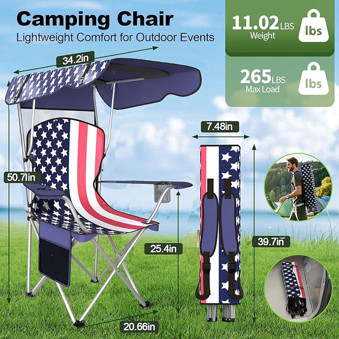 VTOY Portable Camping Chair with Canopy - Folding Chair with Canopy, Durable 600D Oxford Canopy Chair for Camping, Beach, Picnics, Fishing & Sports
