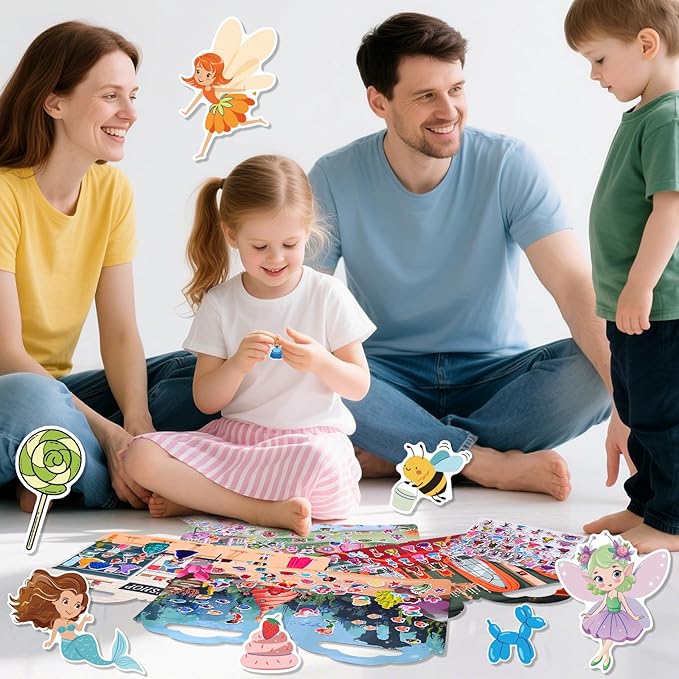 6 Set (260pcs) Puffy Sticker Books Activity for Girls, Reusable Stickers Book, Fairytale+Garden+Princess Party+Mermaid+Kids Zone+Girls' Shop, Travel Book for Kids Ages 3+