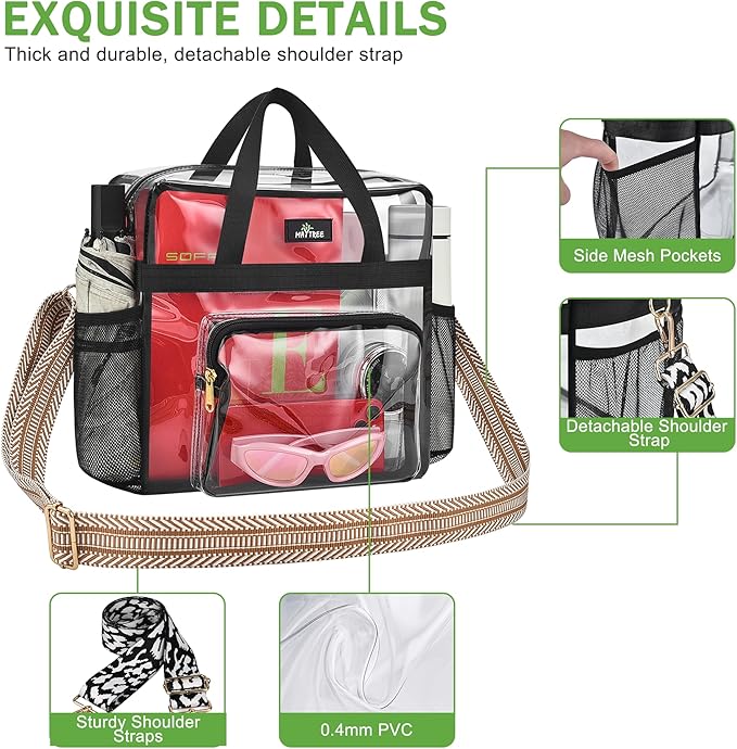 MAY TREE Clear Bag for Stadium Events, 12x6x16 Clear Tote Bag with Removable Strap, Transparent Bag for Concert Sports Gym, White Guita-Strap
