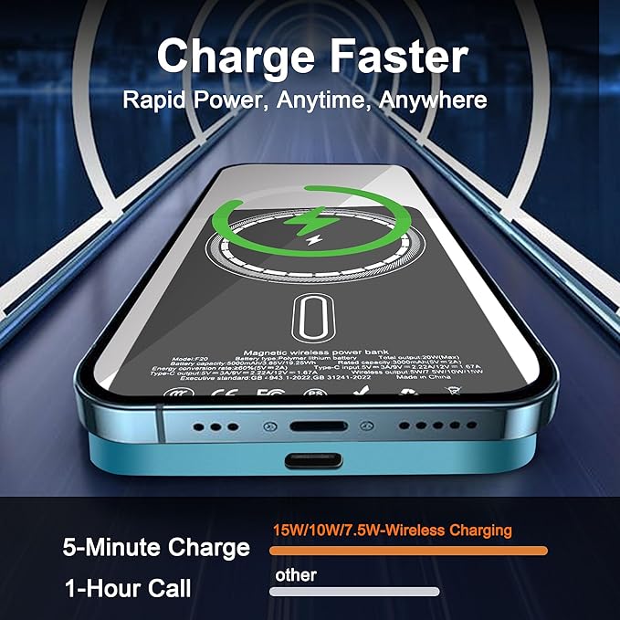 Magnetic Portable Charger 5000mAh, 15W Ultra Slim Wireless Portable Charger, Fast Charging for iPhone 17/16/15/14/13/12 Pro/Pro Max/Plus, Metal Shell, USB-C Cable to Charge Other Phones (Blue) | Magnetic, 5000mAh, 15W, Ultra Slim, Fast Charging, Metal ...
