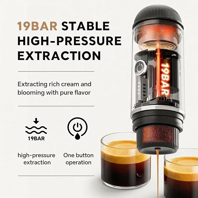 Portable Espresso Machine with 3-4 Min Self-heating, 12V Rechargeable Electric Coffee Machine 19 Bar Compatible with NS Capsules and Ground Coffee for Car Camping Travelling