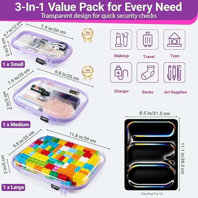 YQBRAO 3-Pack Clear Hard Shell Zipper Case Purple, 1.2mm Heavy-Duty Crush-Proof Travel Makeup Bag, Multi-Size (L+M+S) Diaper Bag Organizer Pouches, Rigid Clear Zipper Pouches for Tech, Toys & Home