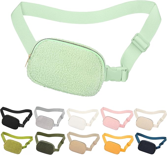 Fleece Fanny pack with Adjustable Strap for Women and Men Crossbody Bag Bum Bag, Waist Pack for Hiking Workout Sports Travel Light Green