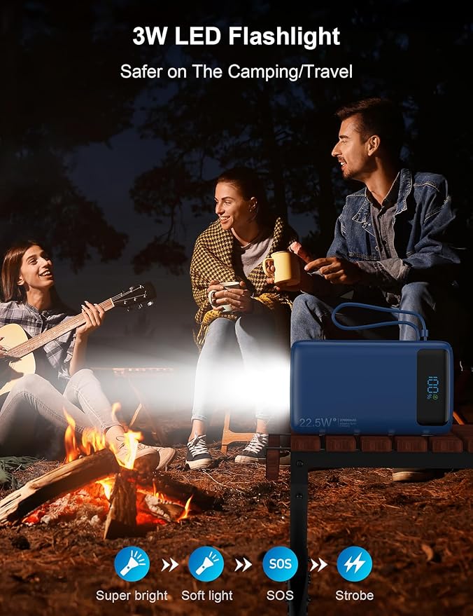 Portable Charger, 27000mAh 22.5W Fast Charging Power Bank with Built-in Cable, USB C Battery Pack with LED Display & Flash Light, Travel Essential External Battery Charger Bank for iPhone Samsung Navy