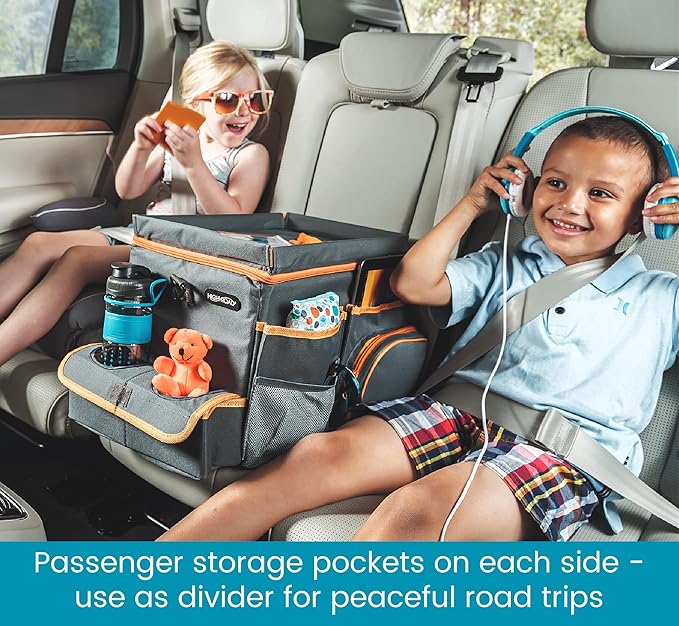 High Road CarHop Front Seat Car Organizer with Car Cup Holder, Passenger Seat Tray and Padded Filing or Cooler Compartment with Side Pocket Storage, Gray