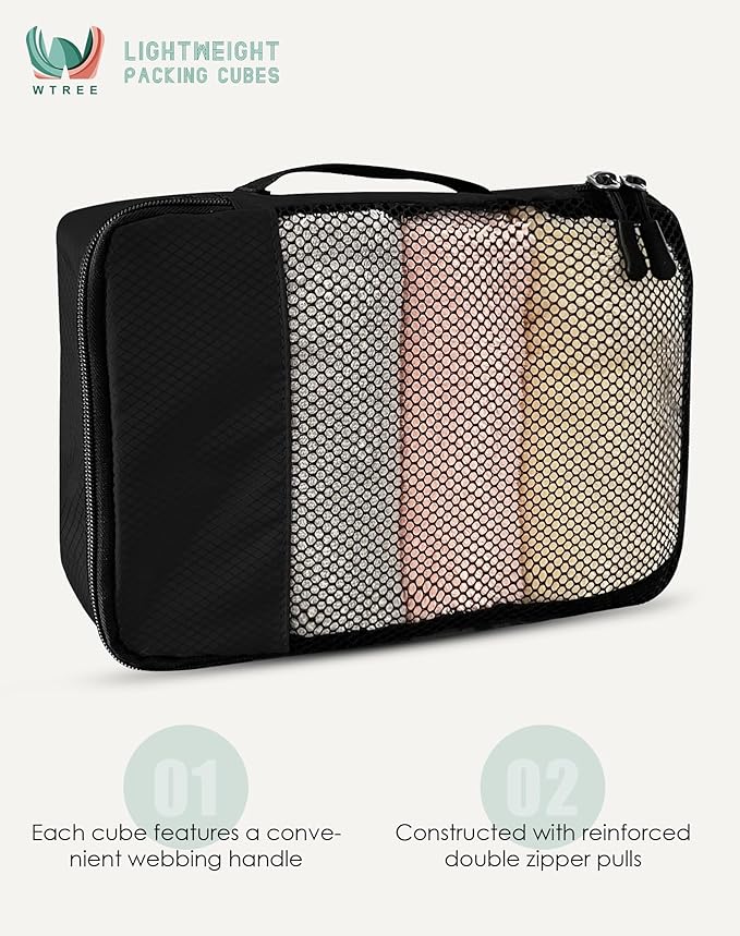 WTREE 4-Piece Packing Cubes Travel Accessories Set for Suitcases - Luggage Organizer Bags with Double Zipper - Mesh Top - Small/Medium/Large/Slim - Black
