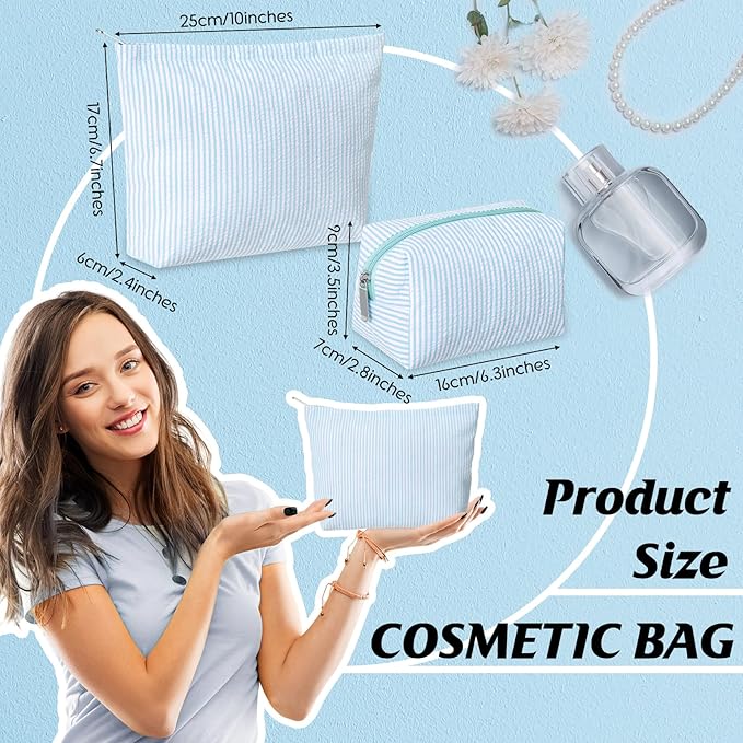 Huhumy 2 Pcs Makeup Bag Set Cute Cosmetic Pouch for Women Seersucker Travel Toiletry Bag Preppy Small Makeup Purse Pouch Aesthetic Skincare Brushes Storage Organizer for Valentine Women(Light Blue)