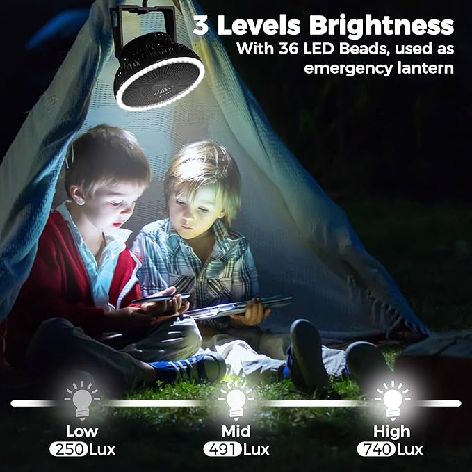 Portable Camping Fan with LED Lantern, 24HRS Running 8inch Rechargeable Tent Fan, Powerful 3-Speed 180° Rotate with Hook, Quiet for Outdoor RV Travel Fishing Hurricane Emergency Power Outage