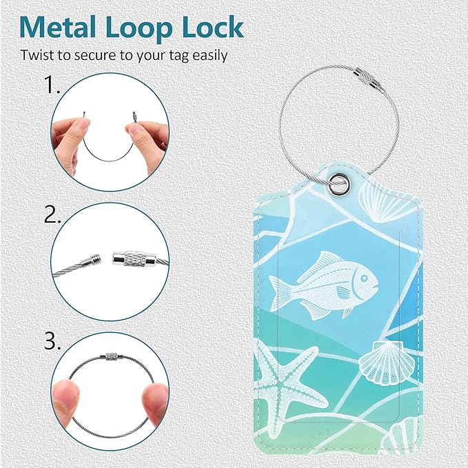 Luggage Tags for Suitcases, 2 Pack Cute PU Leather Luggage Tag TSA Approved with Stainless Steel Loop and Address Card Baggage Tag for Travel&Cruise Ships&Shipping Eco-Friendly Oceans, by Chelmon