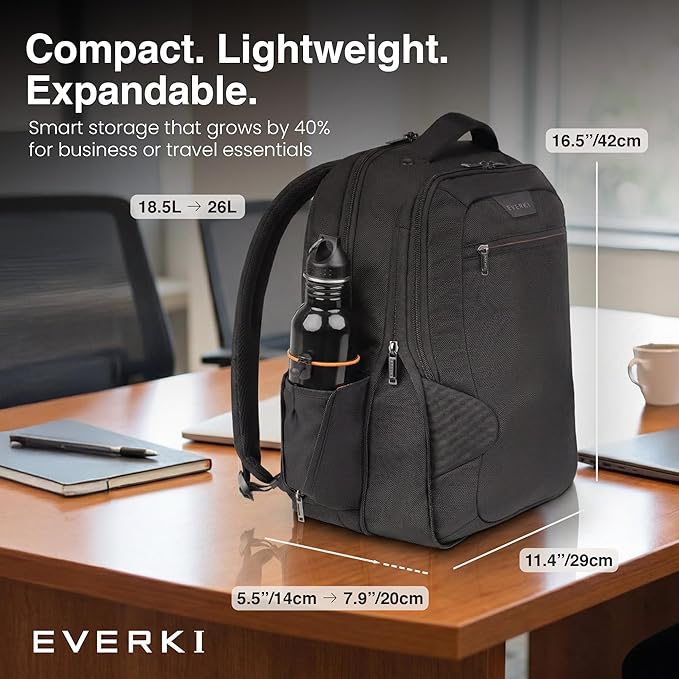EVERKI Studio Expandable Laptop Backpack for Men & Women – Business and Travel Backpack, Carry-On Backpack for Office & Travel, Professional Backpack, 15-Inch MacBook & Laptop Bag, 26L Capacity, Black
