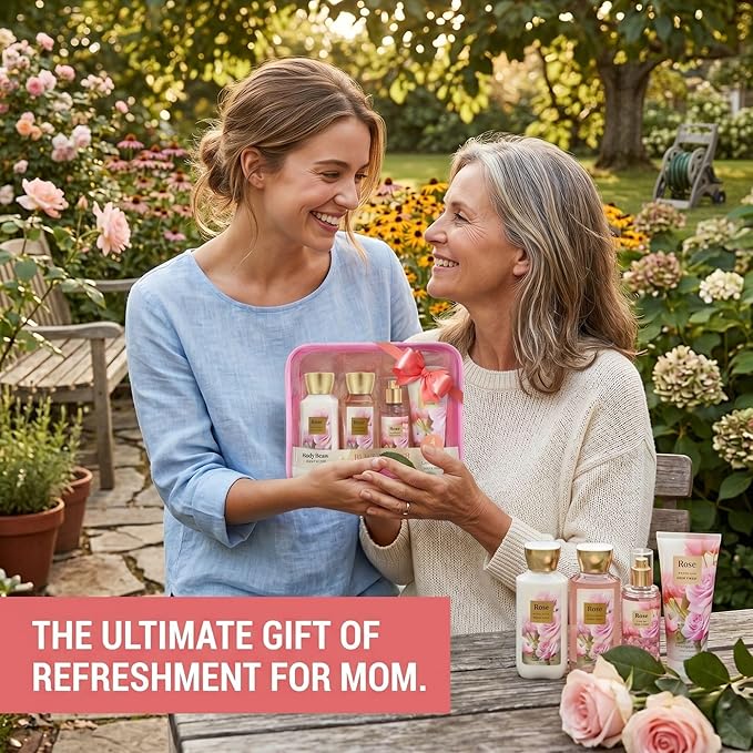 Rose Bath and Body Gift Set for Mom, 4-Piece Set Collection, Shower Gel, Body Lotion, Body Mist, Exfoliating Scrub, Personal Portable Body Care Travel Set, Gift for Mom, Wife, or Grandma