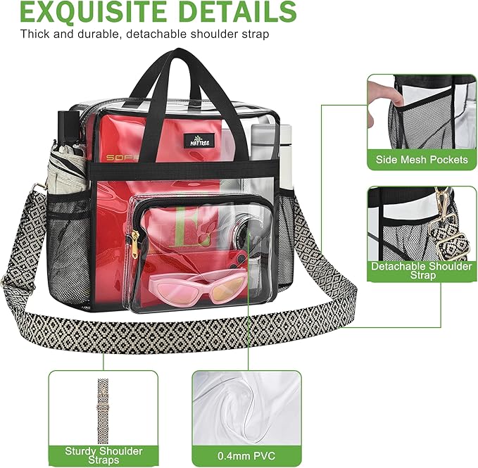 MAY TREE Clear Bag for Stadium Events, 12×6×12 Clear Tote Bag with Removable Strap, Transparent Bag for Concert Sports Gym, Wave-Strap