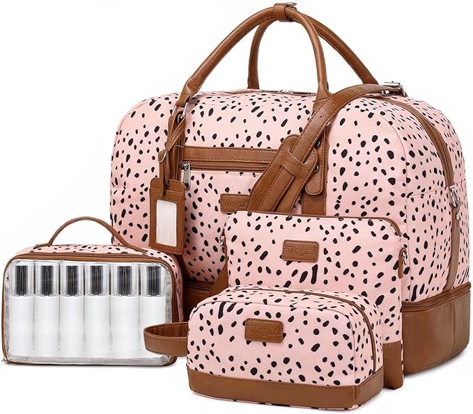 Wogarl 4PCS Weekender Bags for Women Large Overnight Weekend Travel Duffel Carry on Shoulder with Shoe Compartment Canvas Toiletry Bag for Travel Business Gym