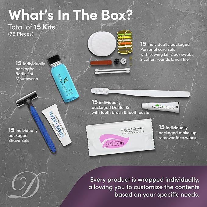 Personal Care Travel Toiletries | 1-Shoppe Amenities Kit | Travel Shaving Set, Toothbrush & Paste, Mouthwash, Makeup Wipes, Swabs, Nail File & Sewing Kit | 75 Pieces