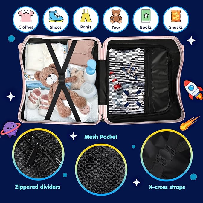Kids Ride-On Suitcase with Cute Ears, DIY Graffiti Coloring Design, 20" Carry-On Luggage with 4 Spinner Wheels, Pull Rope & Combination Lock – Rideable Travel Case for Toddlers & Children(Pink)